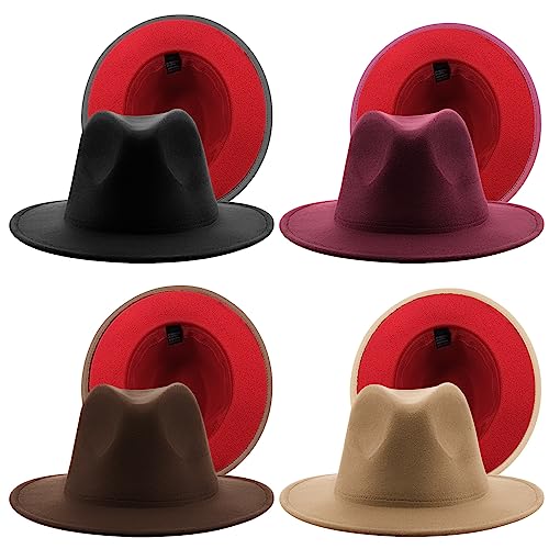 Funtery 4 Pcs Fedora Hats Adjustable Men Women Wide Brim Felt Hat Dress Panama Hat Two Tone Wide Brim with Buckle 22-22.8" - color: Black, Burgundy, Coffee, Khaki