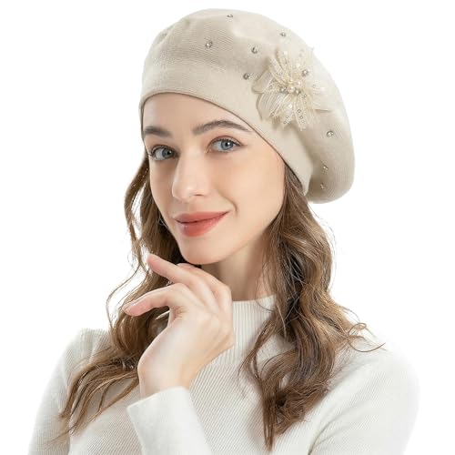 ZLYC Women French Beret Hat Reversible Solid Color Mosaic Warm Artist Cap - color: Bead Flower Beige