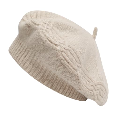 ZLYC Women French Beret Hat Reversible Solid Color Knit Warm Artist Cap - color: Cable Knit Beige