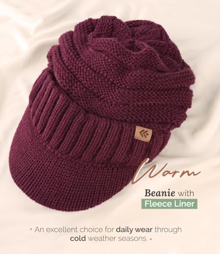Women Men Winter Beanie Hat with Visor, Warm Fleece Lined Beanie Cap, Thick Knit Cap Slouchy Hat with Brim - color: Dark Red