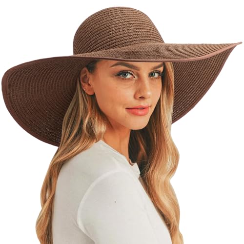 DRESHOW Big Straw Sun Hats for Women Floppy Foldable Roll up Beach Cap Sun Hat UPF 50+ Vacation Honeymoon Embroidered Hat - color: 1 Pack Medium Size: Coffee Brown (Head Circumference 22-22.8")