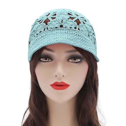 ZLYC Women Summer Slouchy Crochet Hat Handmade Cutout Skull Cap with Visor - color: Plain Light Blue, size: One Size