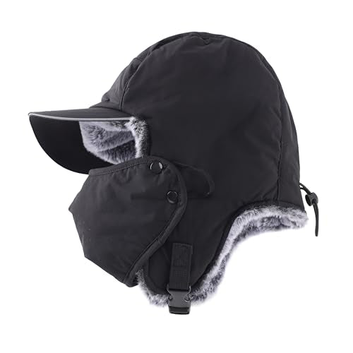 Home Prefer Waterproof Mens Faux Fur Trooper Trapper Hat Hunting Warm Winter Hat with Ear Flaps Visor Face Mask - color: Black