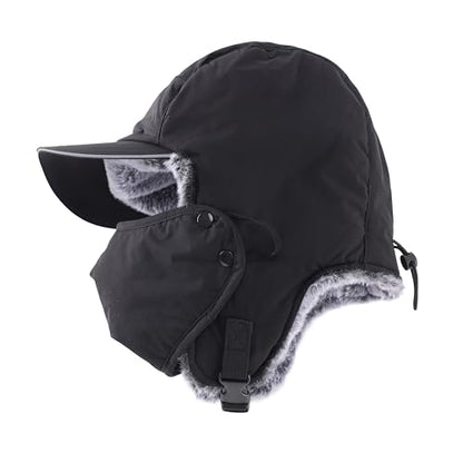 Home Prefer Waterproof Mens Faux Fur Trooper Trapper Hat Hunting Warm Winter Hat with Ear Flaps Visor Face Mask - color: Black