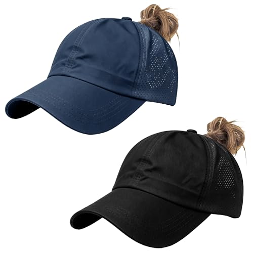 2Pack Womens Criss Cross Ponytail Baseball Cap, Quick Drying UV Protection Breathable Sport Outdoor Sun Hat - color: Black+navy Blue