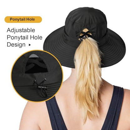 Bucket Sun Hat for Women Wide Brim Breathable Mesh UPF50+ Safari Hat Criss Cross Ponytail Hole Outdoor Rain Hat - color: Black