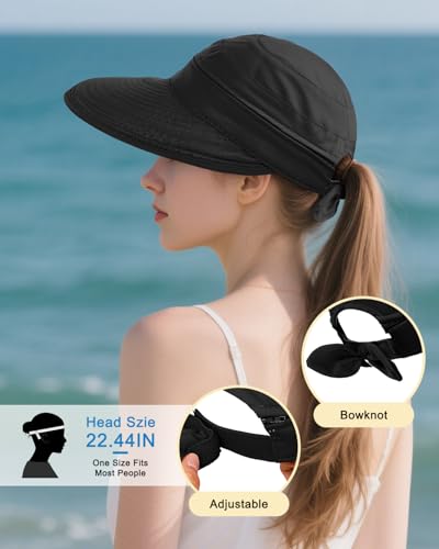 Century Star Sun Hat for Women Wide Brim Zip-Off Beach Hat Visor Ponytail UV Protection Summer Visors - color: Black