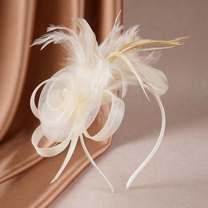 Zinniday Victorian Feather Fascinators Hats - 2025 Derby Attire Headwear with Hairpin,1920s Tea Party Hat for Woman - color: Champagne