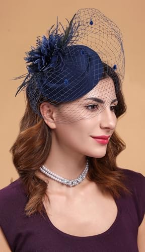 Fascinators Hats for Women Pillbox Hat 20s 30s 50s Vintage Feather Headwear Bowler Flower Veil Wedding Tea Party Hat - color: X-navy