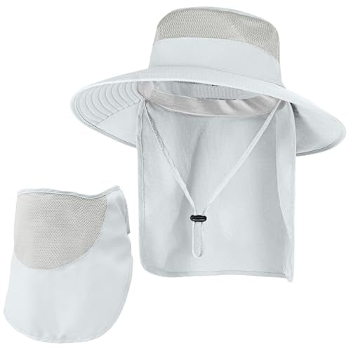 ZOORON Sun Hats for Men Women with Neck Flap Fishing UPF 50+ UV Protection - color: Light Grey (With Face Cover)