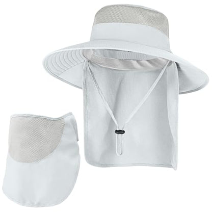 ZOORON Sun Hats for Men Women with Neck Flap Fishing UPF 50+ UV Protection - color: Light Grey (With Face Cover)