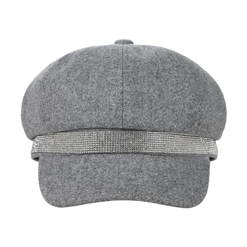 Women Rhinestone Hat Band Newsboy Hat Cabbie Baker boy Hat Beret Cap - color: Grey