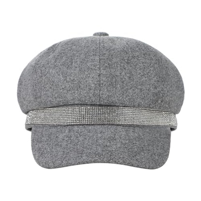 Women Rhinestone Hat Band Newsboy Hat Cabbie Baker boy Hat Beret Cap - color: Grey