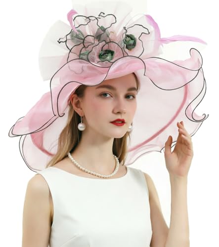 ORIDOOR Women Organza Fascinator Church Derby Hat Floral Tea Party Wedding Hat - color: A865-pink