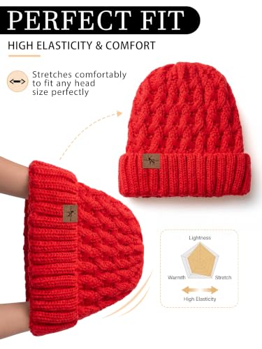 Winter Hats for Women Cable Knit Chunky Skull Cap Fleece Lined Thick Fold Cuff Beanie hat - color: Red, style: Pineapple