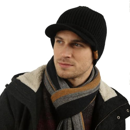 Winter Beanie with Visor - Stylish Knit Hat with Bill - Thick Brimmed Beanies with Fleece Lining Men and Women - color: B326-black