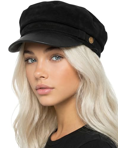 Funky Junque Greek Fisherman Newsboy Cap, Cotton Captains Bakerboy Hat - color: Faux Suede - Black