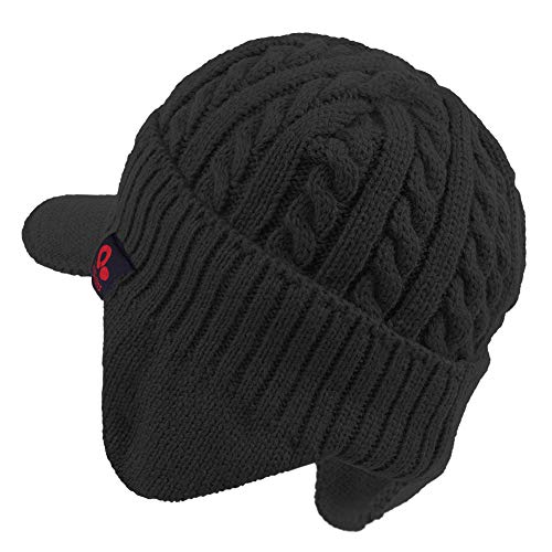 Original One Winter Ear Flap Visor Beanie Lining Hat with Billed Knit Brimmed Cap - color: Black