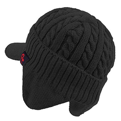 Original One Winter Ear Flap Visor Beanie Lining Hat with Billed Knit Brimmed Cap - color: Black