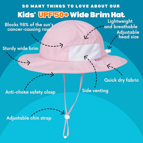 SwimZip UPF 50 Kids' Wide Brim Sun Hat, Sun Protection Hat - Baby & Toddler - color: Pink, size: 8-14 Years