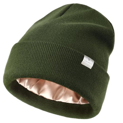 YANIBEST Satin Lined Beanie for Women, Reduce Frizz Winter Hats - color: Pine Green
