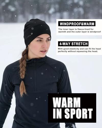 WRELS Thermal Running Skull Cap with Ear Flaps - Winter Hat for Men & Women, Windproof Athletic Beanie Helmet Liner - color: Women-black