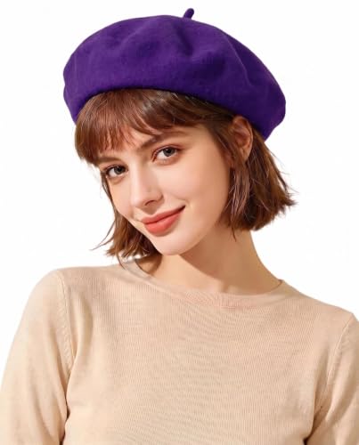 French Beret Hats for Women Men - Classic Wool Beanie Winter Cap - color: Purple