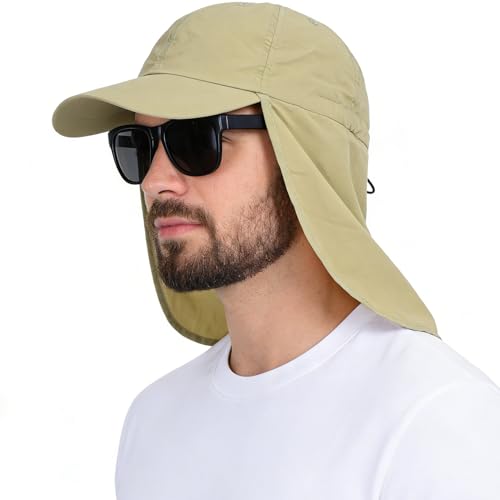 Baseball Sun Cap with Neck Flap, UPF 50+ Waterproof Sun Hat for Men Women - color: Khaki
