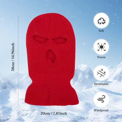 3 Hole Ski Mask, Knitted Balaclava Face Mask, Winter Full Face Mask Cover for Winter Outdoor Sports - color: Red
