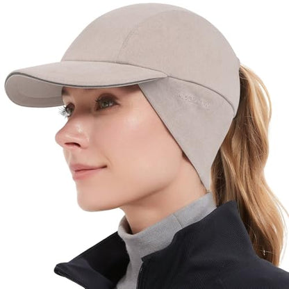 GADIEMKENSD Women's Winter Reflective Fleece Ponytail Hat with Drop Down Ear Warmer - color: Khaki