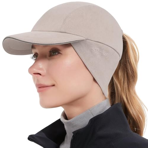 GADIEMKENSD Women's Winter Reflective Fleece Ponytail Hat with Drop Down Ear Warmer - color: Khaki, size: 7-7 1/8