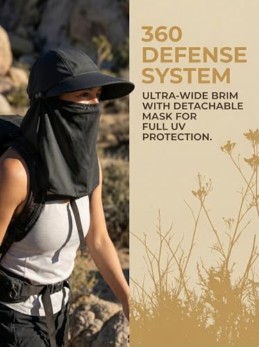 Outdoor Wide Brim Sun Hat Visor for Women, Detachable Face & Neck Cover, Hiking Gardening UPF 50+, Ponytail Friendly - color: Black
