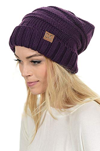 C.C Hat-100 Oversized Baggy Slouch Thick Warm Cap Hat Skully Cable Knit Beanie - color: Dark Purple
