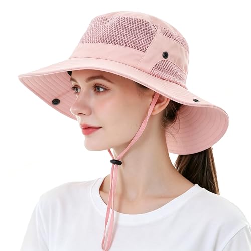 Sun Bucket Hat for Men Women Wide Brim UPF 50+ UV Protection Waterproof - color: Pink