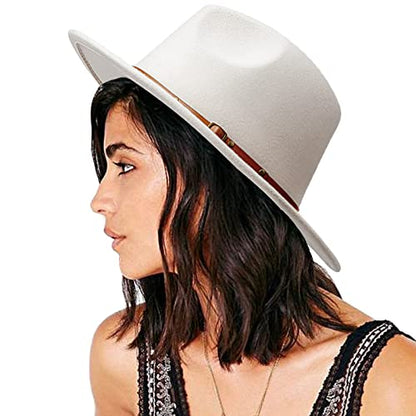 DRESHOW Women Classic Felt Fedora Wide Brim Floppy with Belt Buckle Panama Hat - color: 1 Pc Fedora Hat: Beige