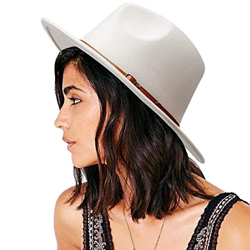 DRESHOW Women Classic Felt Fedora Wide Brim Floppy with Belt Buckle Panama Hat - color: 1 Pc Fedora Hat: Beige