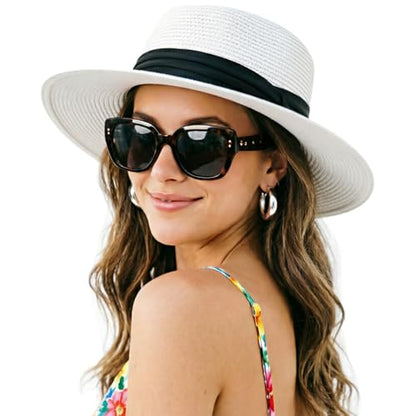 DRESHOW Women Straw Panama Hat Travel Fedora Beach Sun Hat Summer Wide Brim Straw Roll up Hats UPF 50+ - color: 1 Pack Boater Hat: White With Black Band
