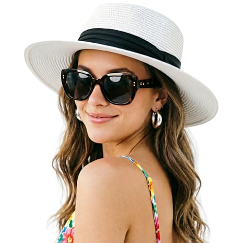 DRESHOW Women Straw Panama Hat Travel Fedora Beach Sun Hat Summer Wide Brim Straw Roll up Hats UPF 50+ - color: 1 Pack Boater Hat: White With Black Band
