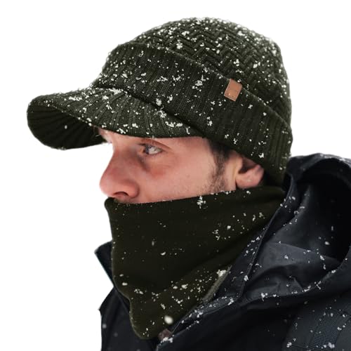 TOP-EX Visor Beanie & Neck Warmer Set for Men & Women, Merino Wool Blend - color: Green_set (Waterproof), size: Medium-Large