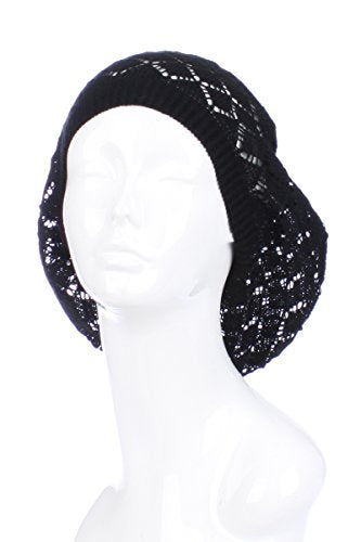 an Womens Lightweight Cut Out Knit Beanie Beret Cap Crochet Hat - Many Styles - color: Black Diamond