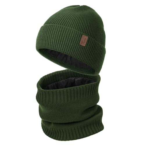 Wmcaps Winter Fleece Lined Beanie & Neck Warmer Set for Men - color: Army Green