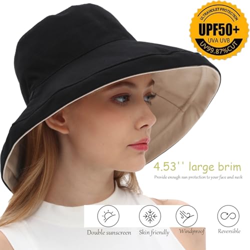 vidsel Womens Sun Hats Wide Brim Reversible Bucket Cotton Hat with Hat Clip - color: Medium-black+beige, size: Medium