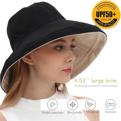 vidsel Womens Sun Hats Wide Brim Reversible Bucket Cotton Hat with Hat Clip - color: Medium-black+beige, size: Medium