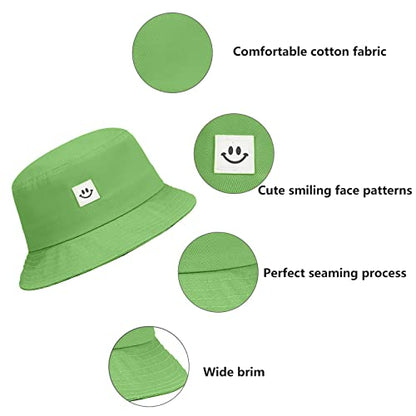 Kids Sun Hat Smile Face Bucket Hat for Girls Boys Summer Sun Protection Cotton Unisex Beach Cap - color: Green