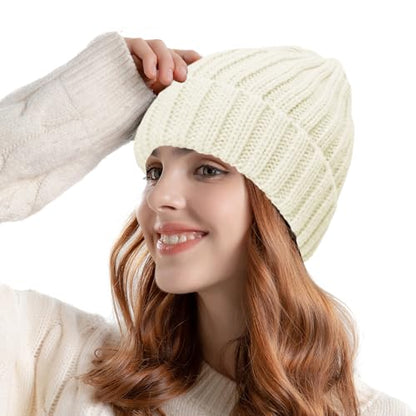 ZOORON 1&2 Winter Beanie for Women Soft Warm Slouchy Knit Hat Ski Stocking Cuffed Cap - color: Beige
