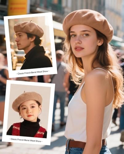 Wool French Beret Hats for Women Classic Winter Beanie Cap - color: Camel