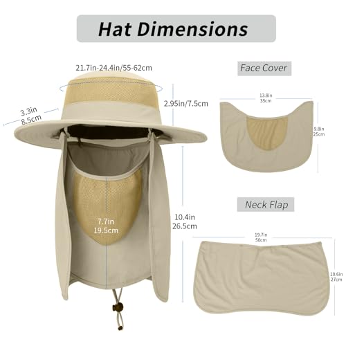 Outdoor Sun Hat UPF 50 Protection Waterproof Fishing hat Face Cover Summer Neck Flap Hat - color: Light Khaki Pro