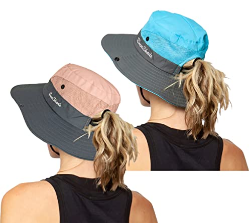 Women's Outdoor-UV-Protection-Foldable-Sun-Hats-Wide-Brim Hat Ponytail-Hole - color: Pink+blue