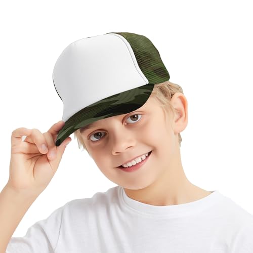 TOPTIE Kids Trucker Hat 5-Panel Foam Front Snapback Cap (Ages 3-7) - color: Camo/White