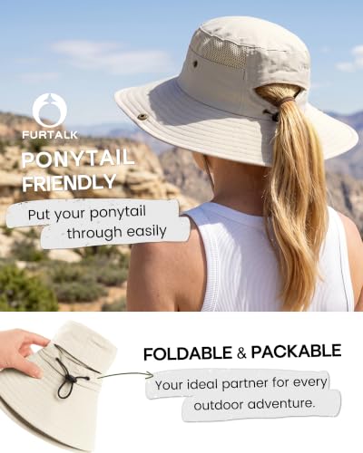 FURTALK Sun Hats for Women UV Protection Wide Brim Ponytail Hiking Hat - color: Beige